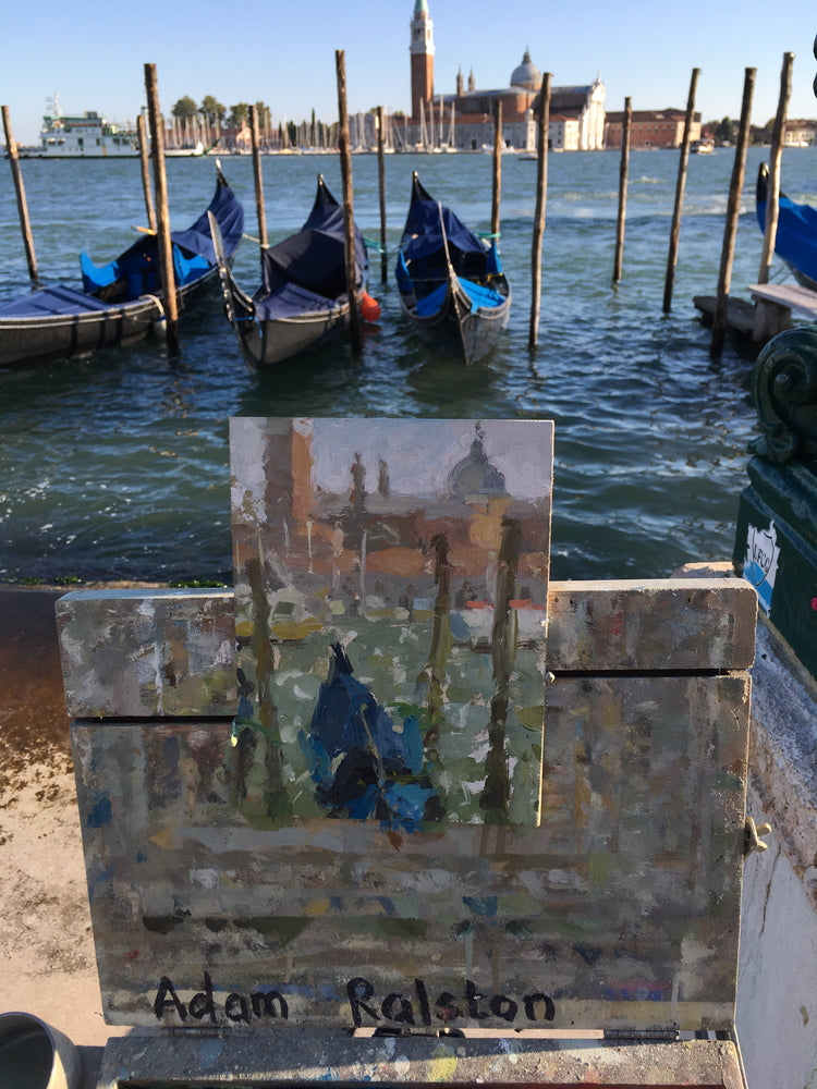 Oil painting next to the grand canal in Venice, looking across towards San Giorgio Maggiore