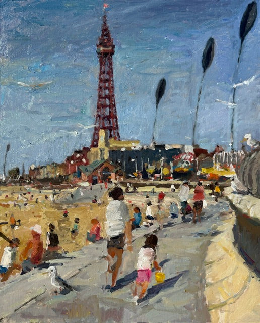 Impressionist oil painting on Blackpool central beach with the Tower and lifeboat house alongside the promenade