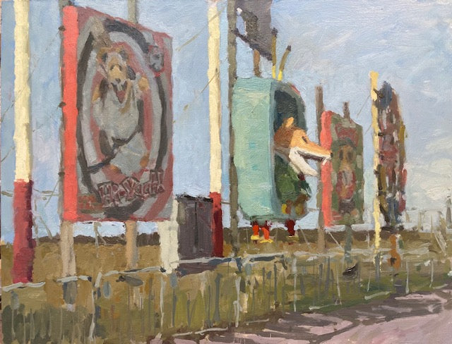 An impressionistic painting of tall outdoor illuminations of Basil Brush in Bispham Blackpool by oil painter Adam Ralston