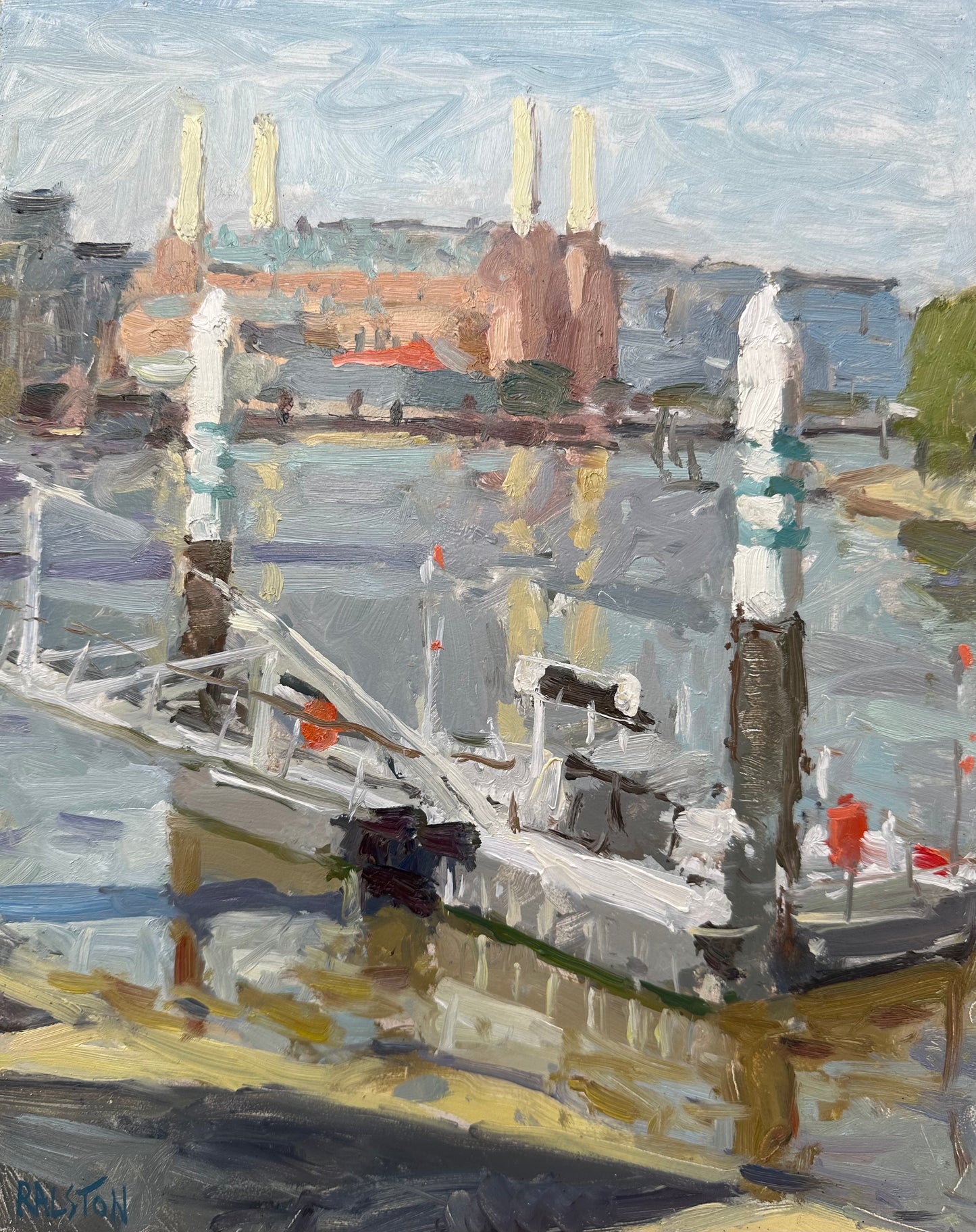 A view painted of St George wharf with Battersea power station in the background on a sunny day