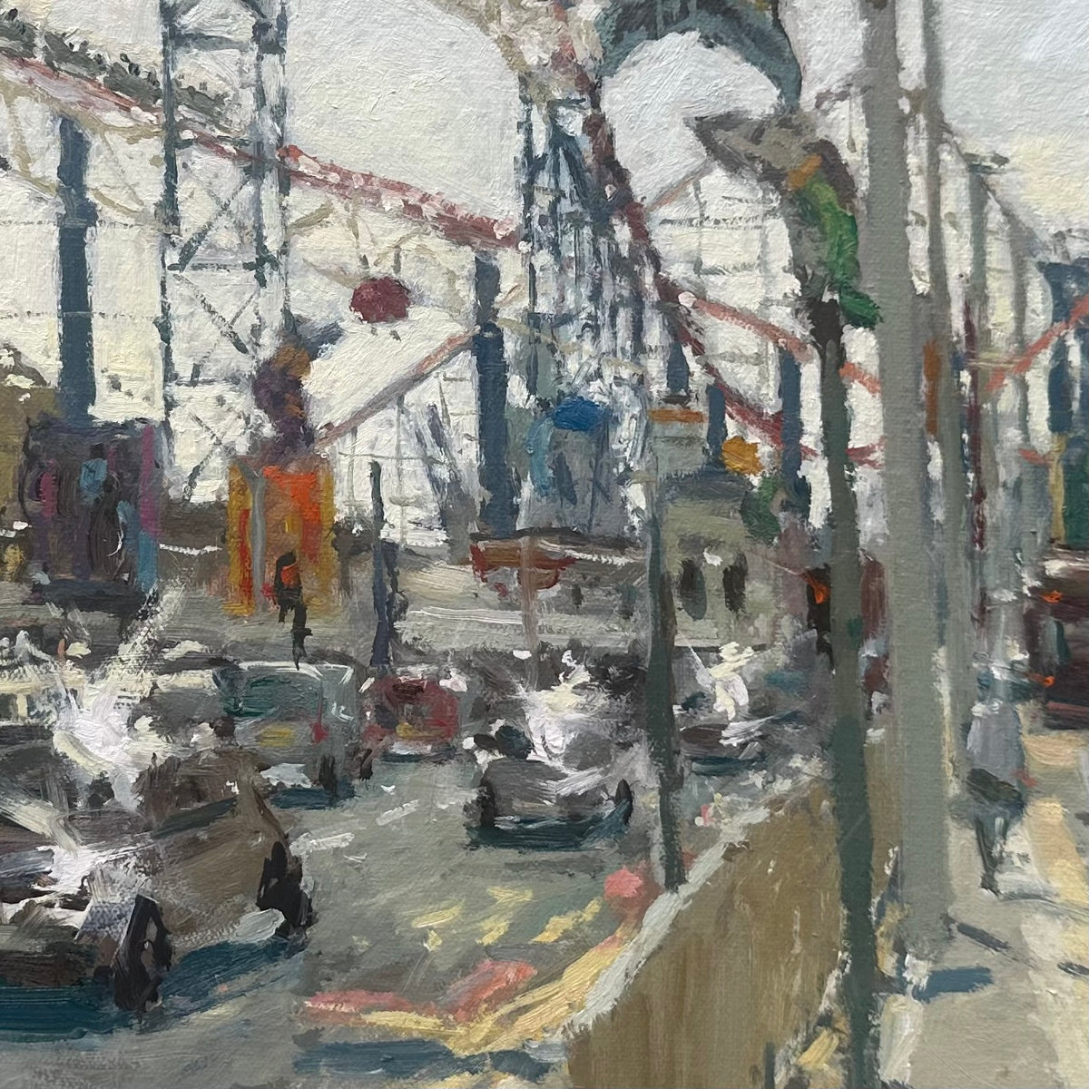 street scene painting of a busy prom outside the Pleasure beach in Blackpool. the street has cars, pedestrians lampposts and overhead cables from the tramline. beautifully painted by impressionist artist Adam Ralston