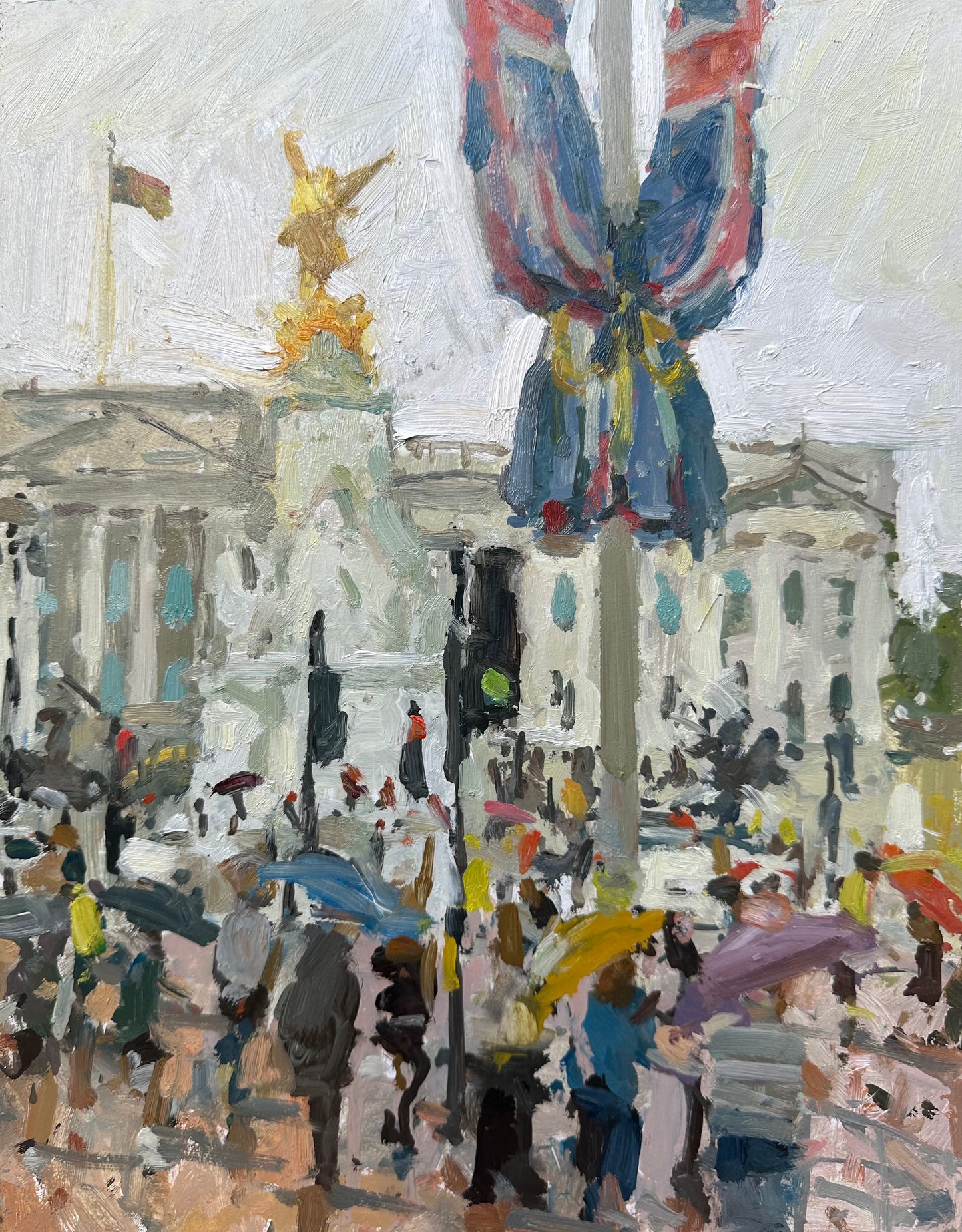 A painting of Buckingham Palace with Queen Victoria memorial and busy crowds with umbrella’s in the rain