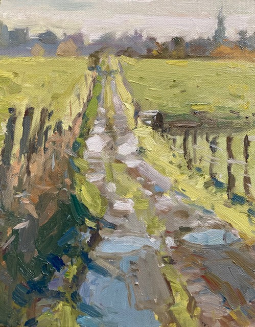 An impressionistic oil painting of a narrow stone path running through bright green fields, with rustic wooden fences on both sides and distant buildings under a pale sky.
Sunlit path with puddles of water and Green fields at the back of Kirkham Lancashire