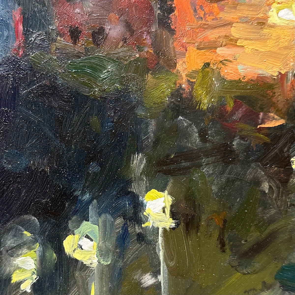 Abstract detail of an oil painting at night. of Edinburgh castle by Adam Ralston with expressive brushstrokes in dark blue, green, black, orange, yellow, and red, featuring small bright yellow-green flower-like forms near the bottom.