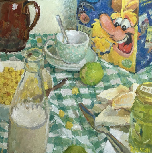 Breakfast table still life painting by Adam Ralston. Golden nuggets cereal box, with teapot and lime jam with toast and milk.