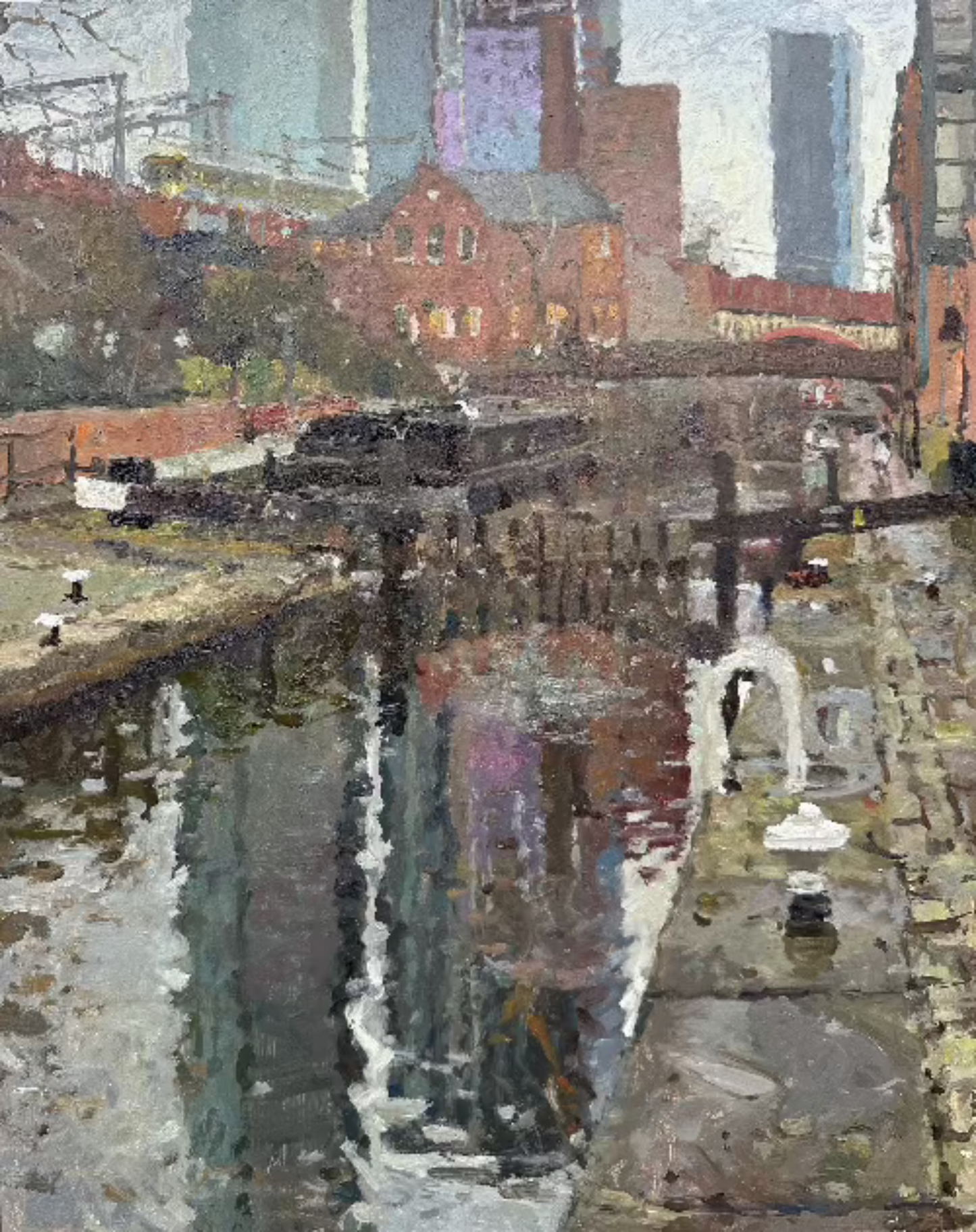 Rochdale canal painting at castlefield in Manchester. Reflections of the high rise buildings in the water