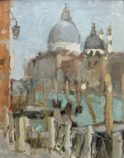 An original oil painting by Northern artist Adam Ralston a member of the Royal Institute of oil painters. A Venetian painting looking towards the salute overlooking the grand Canal in Venice