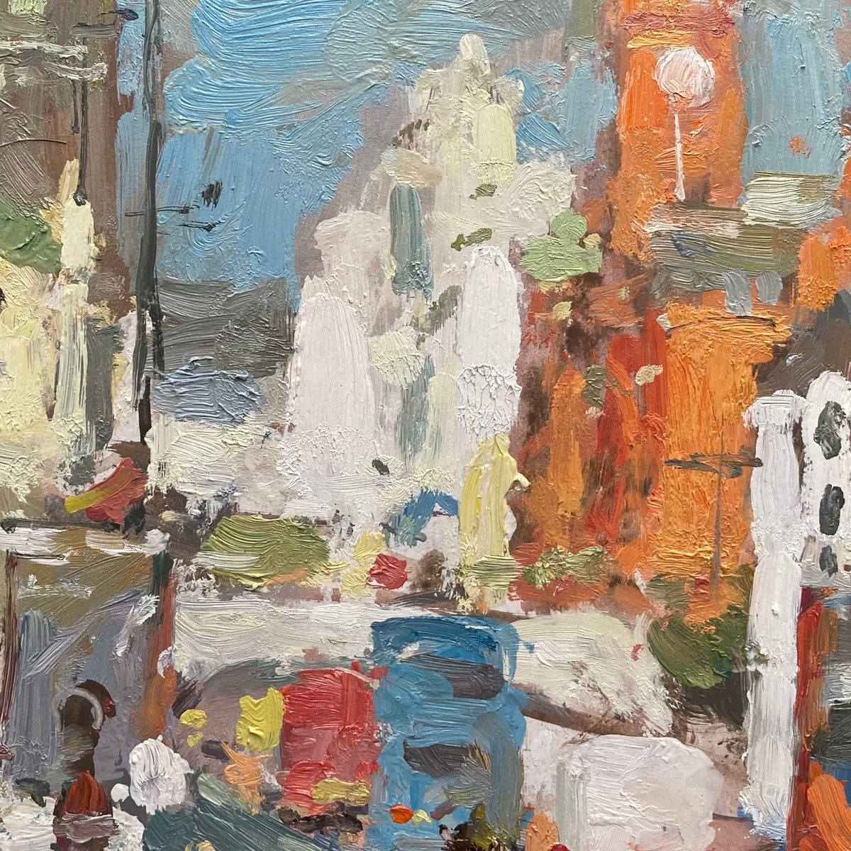 A detail impressionist painting depicting a city street scene on Oxford St in a sunny Manchester with thick impasto brushstrokes in blue, orange, white, gray, green, and red.