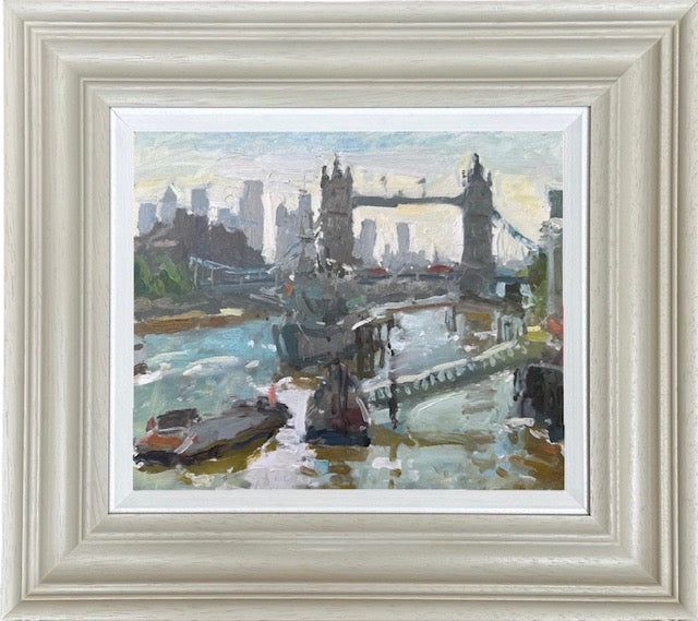 Framed impressionist oil painting of London's Tower Bridge, featuring a light beige frame and white matting.