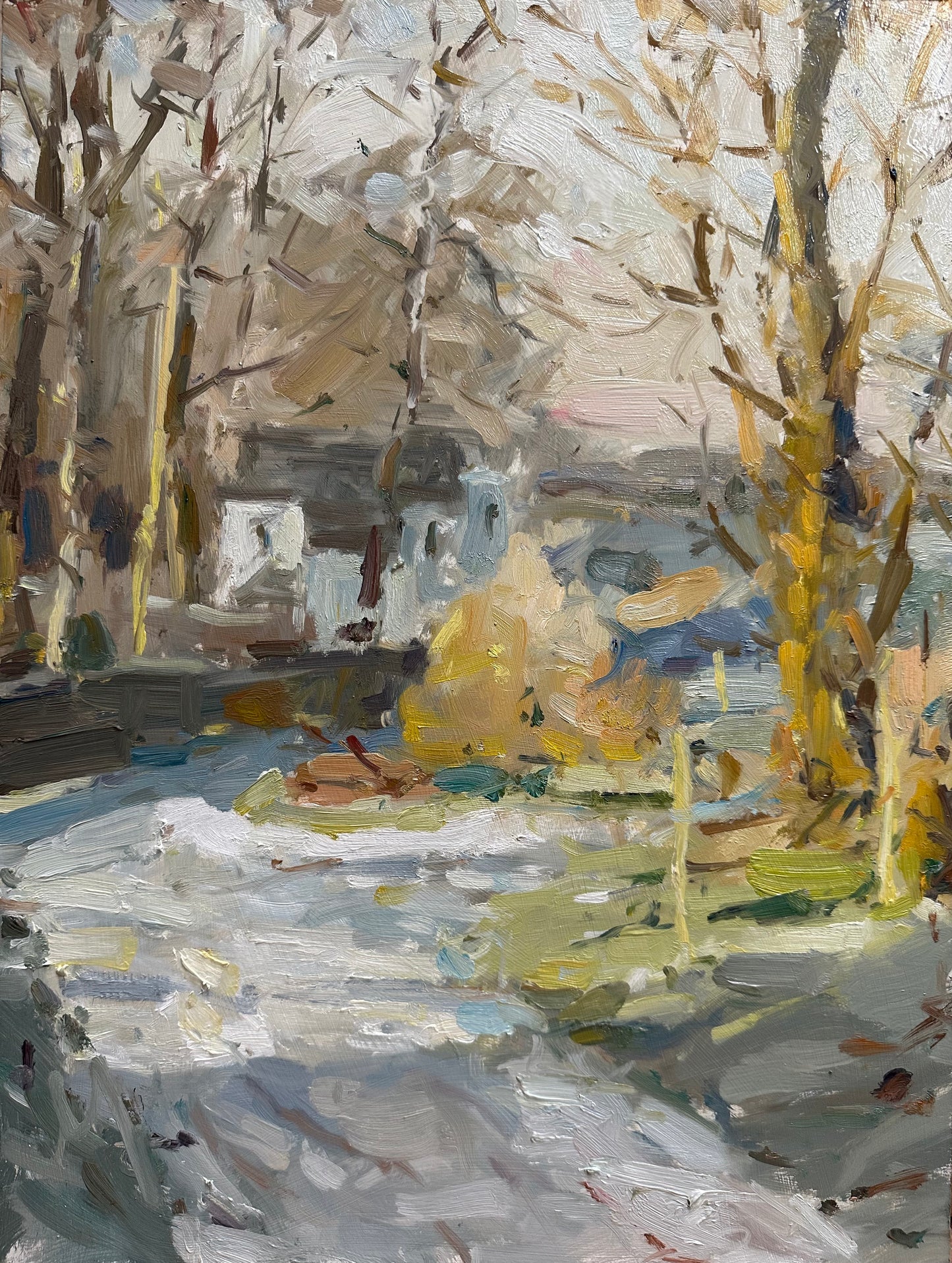 Icy lane in Treales Lancashire with sunlight across the trees and a white cottage