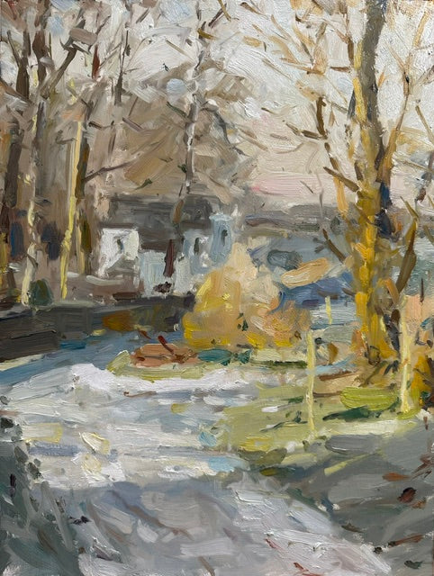 Icy lane in Treales Lancashire with sunlight across the trees and a white cottage. An original landscape by artist Adam Ralston a member of the Royal institute of oil painters