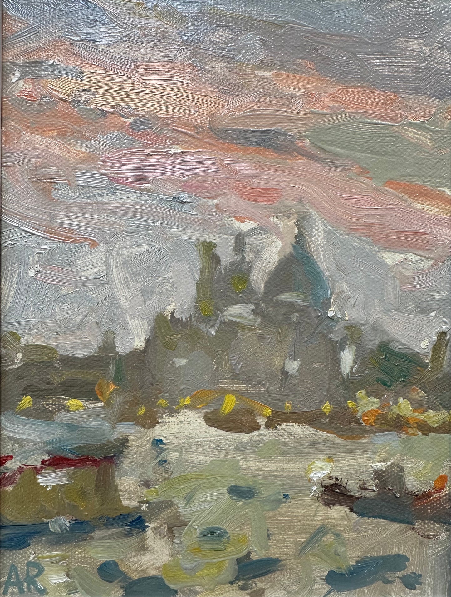 Painting of the salute in Venice with muted tones of grey pink skies. An original oil canvas board study