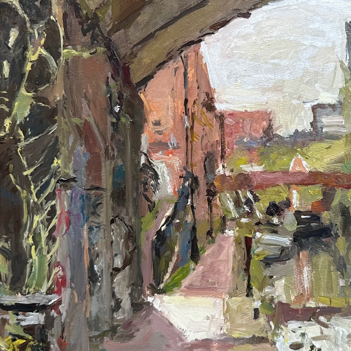 An impressionistic detail of an oil painting depicting a narrow outdoor walkway along Rochdale canal at Deansgate in Manchester by Adam Ralston