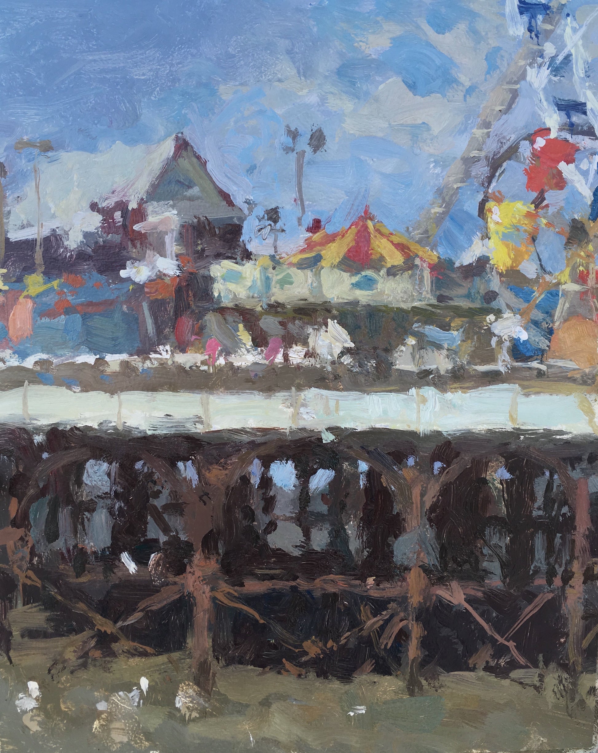 Blackpool central pier with a carousel oil painting by northern artist Adam Ralston