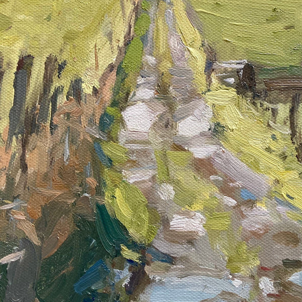 Impressionistic oil painting of a winding path running through a lush green field in Kirkham, rendered with thick textured brushstrokes in shades of green, yellow, brown, white, and blue.