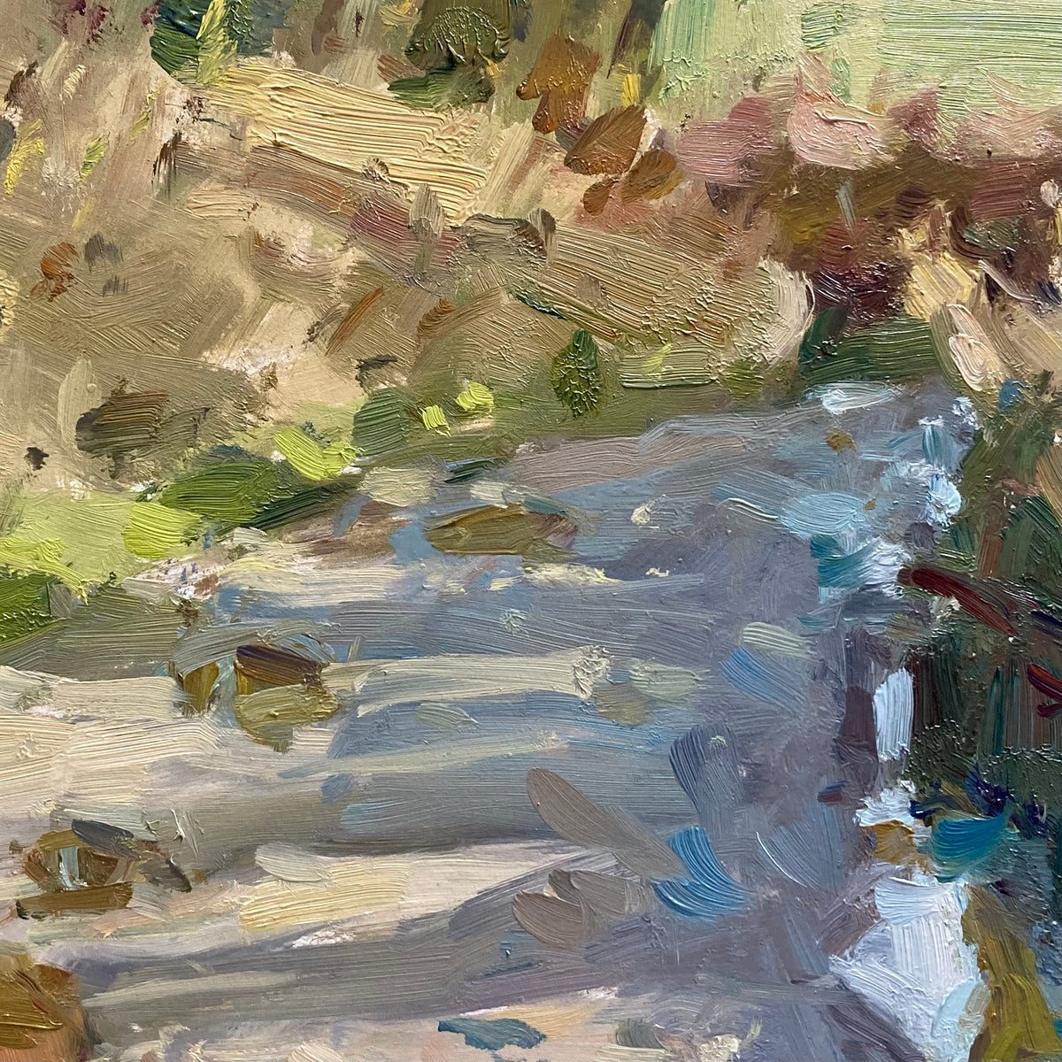 An impressionistic oil painting on Mowbreck lane with thick brushstrokes in muted blue-gray, beige, and white tones.