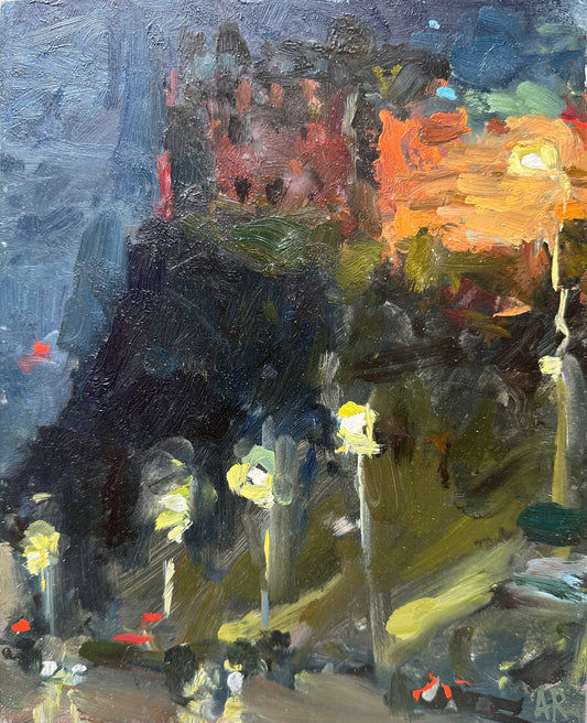 A small pleinair oil painting at night of Edinburgh Castle with street lights