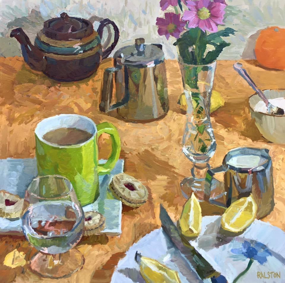 Still life painting of teapot and jammie dodgers biscuits, with vase of flowers and brown teapot
