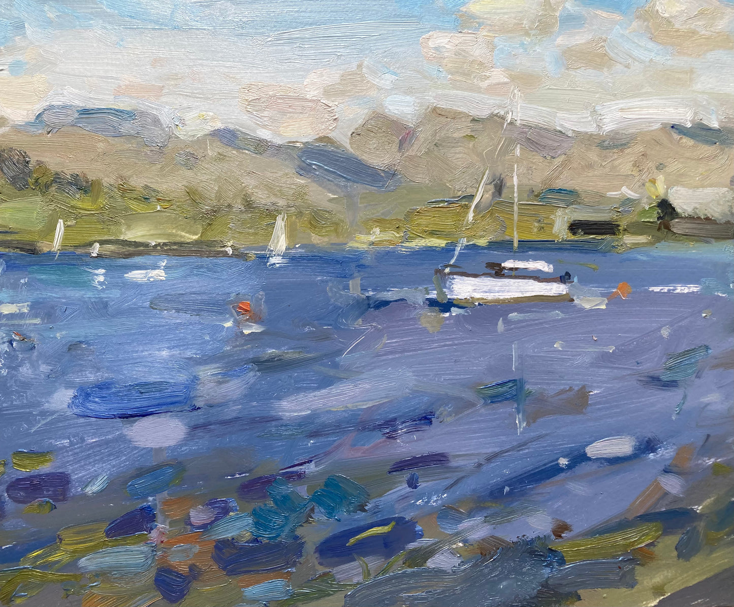Lake windermere miller ground pleinair painting, with a sailboat
