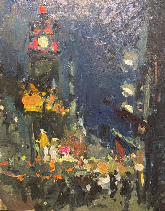 A nocturne painting on Princes Street in Edinburgh. Dark colours with flashes of light