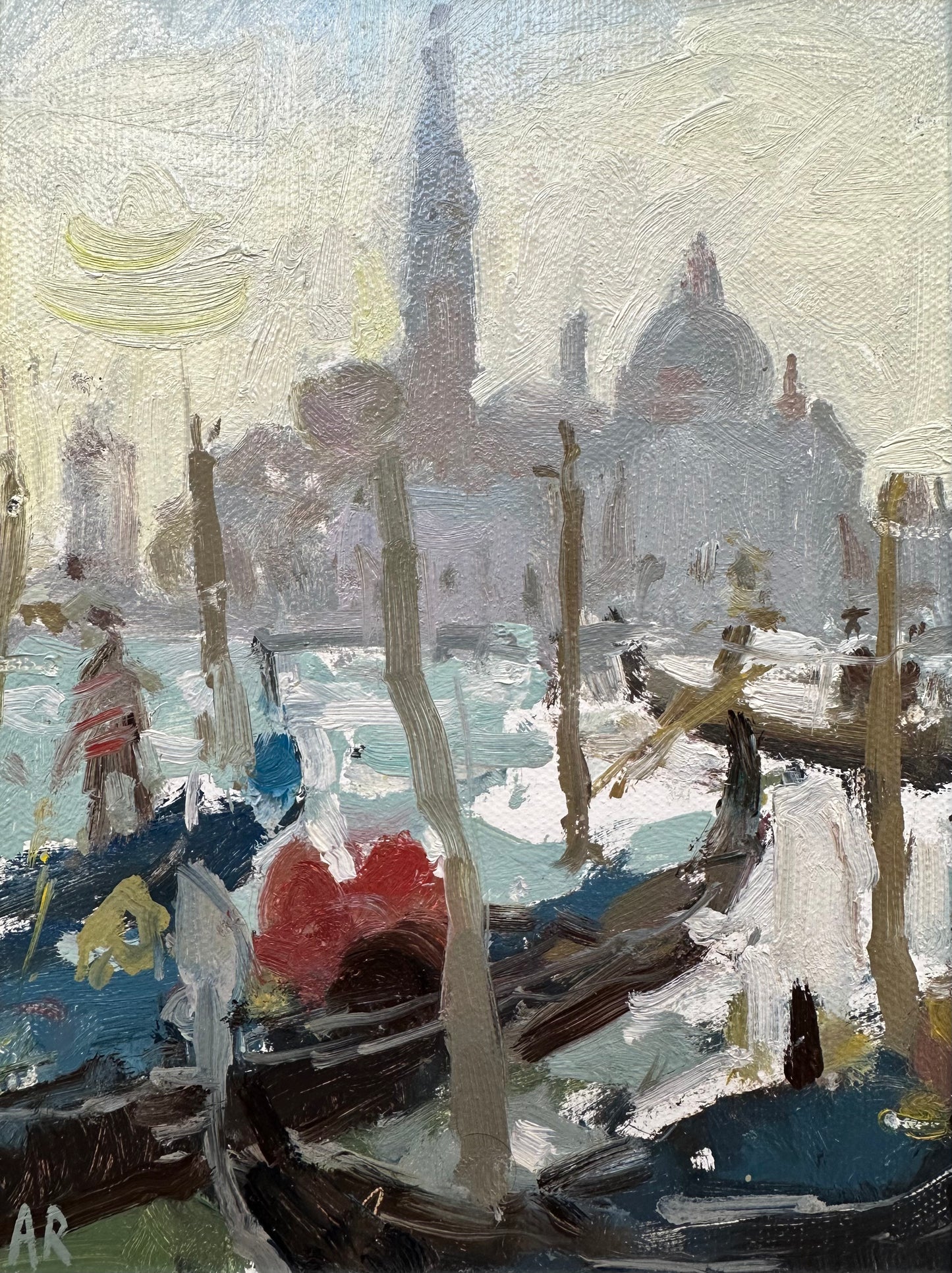 Gondola painting on the grand canal looking towards San Giorgio Maggiore, sparkle on the water