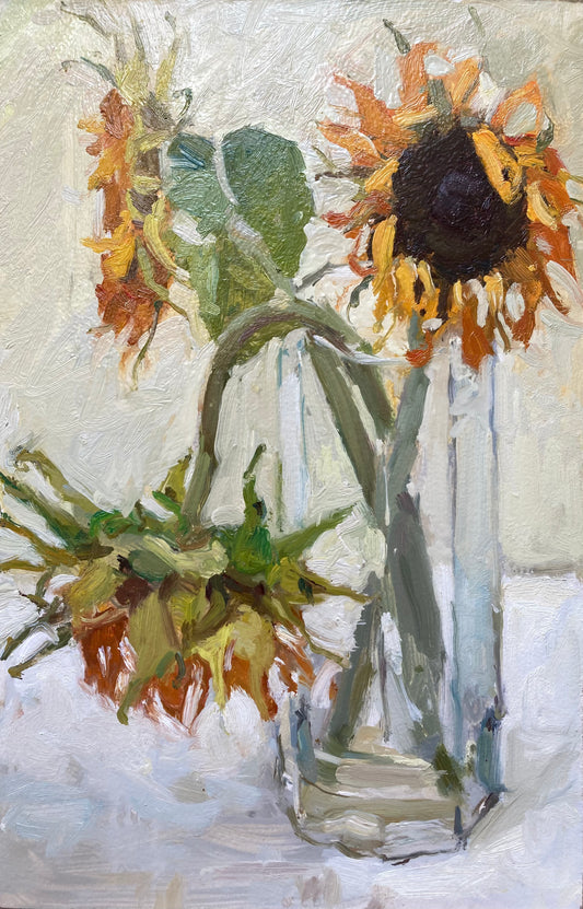 Dead sunflowers painting drooping in vase, three sunflowers in total