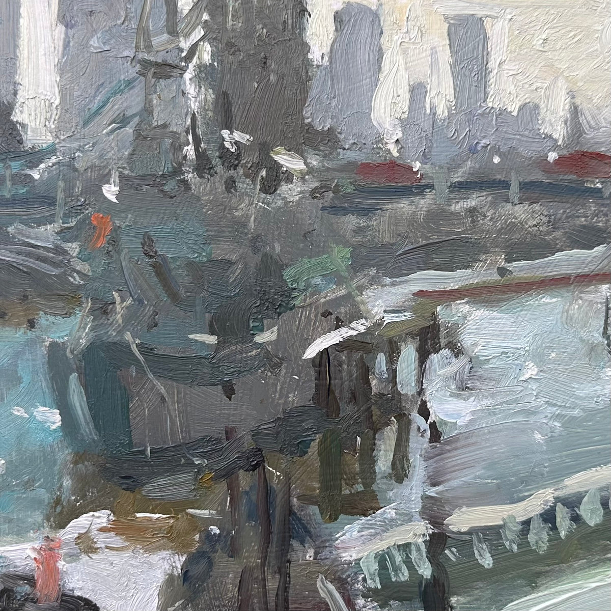 An abstract detail impressionist painting depicting London HMS Belfast and Tower Bridge by Royal institute of oil painters artist Adam Ralston ROI
