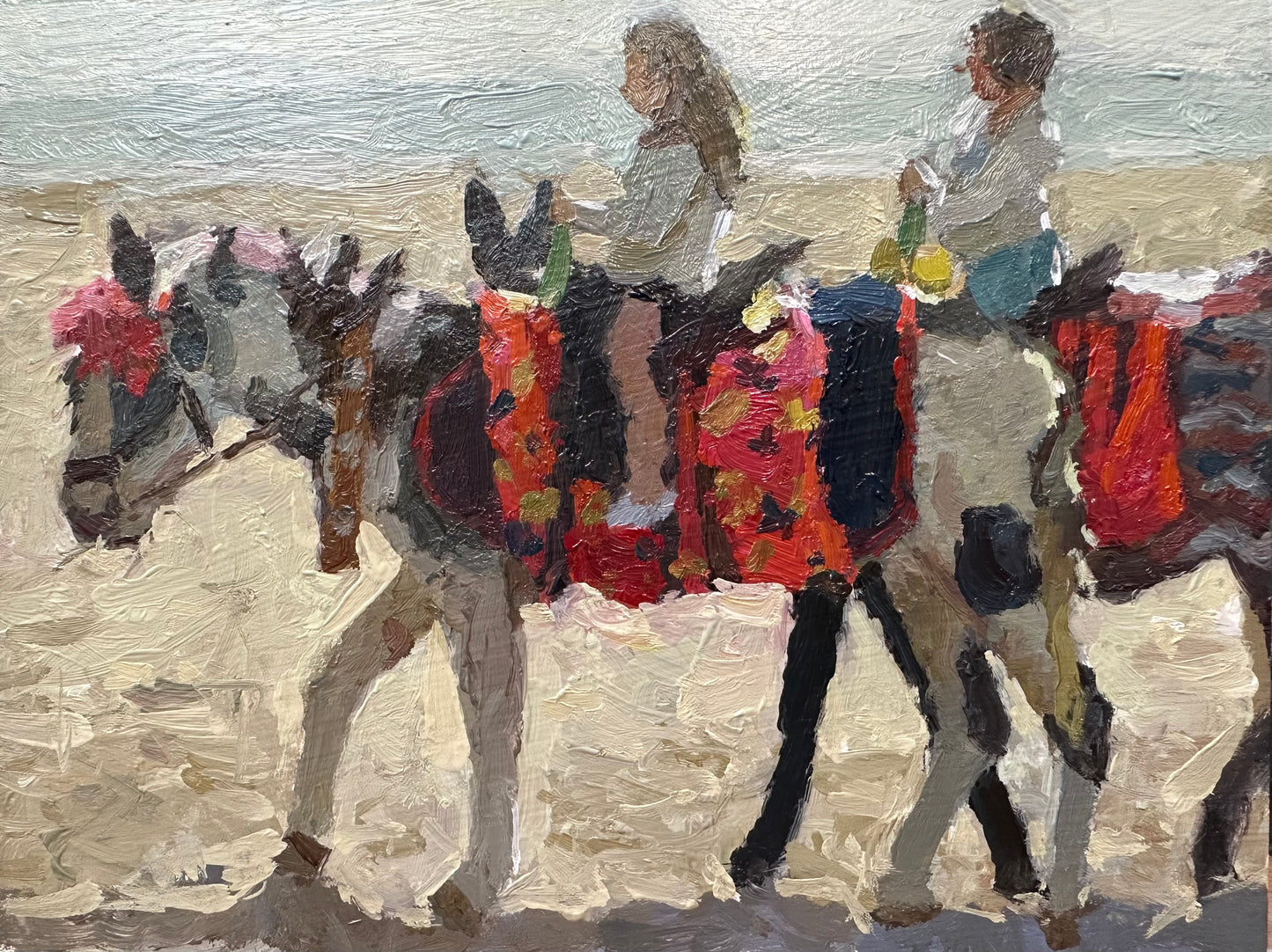 oil painting of two girls riding on donkeys on the beach