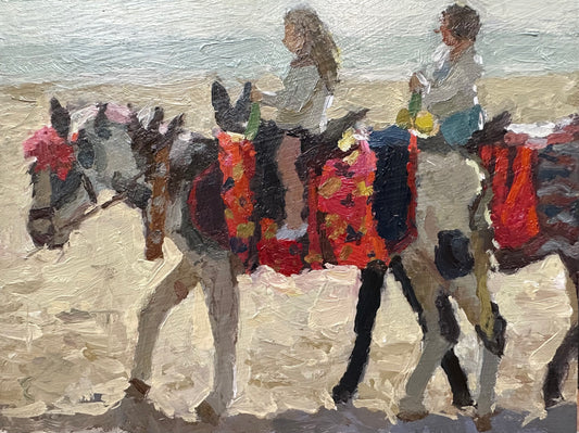 oil painting of two girls riding on donkeys on the beach