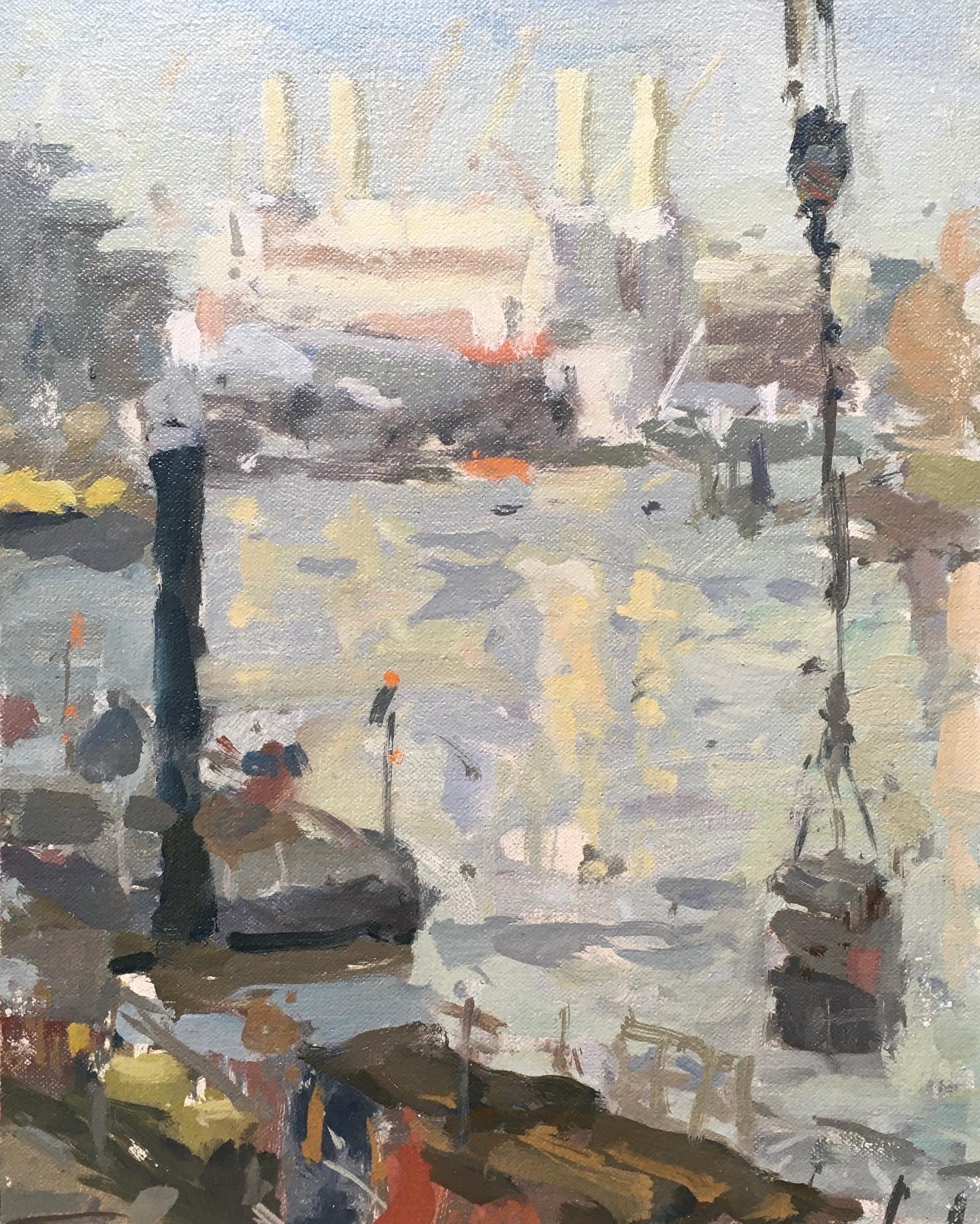 Impressionism painting of Battersea power station with reflections on the water and construction work