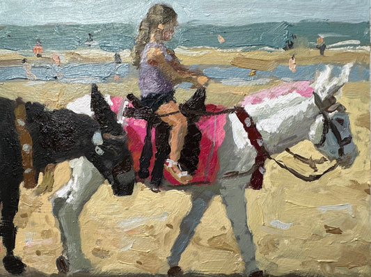 Oil-painting-of-a-girl-riding-a-beach-donkey-by-Adam-Ralston