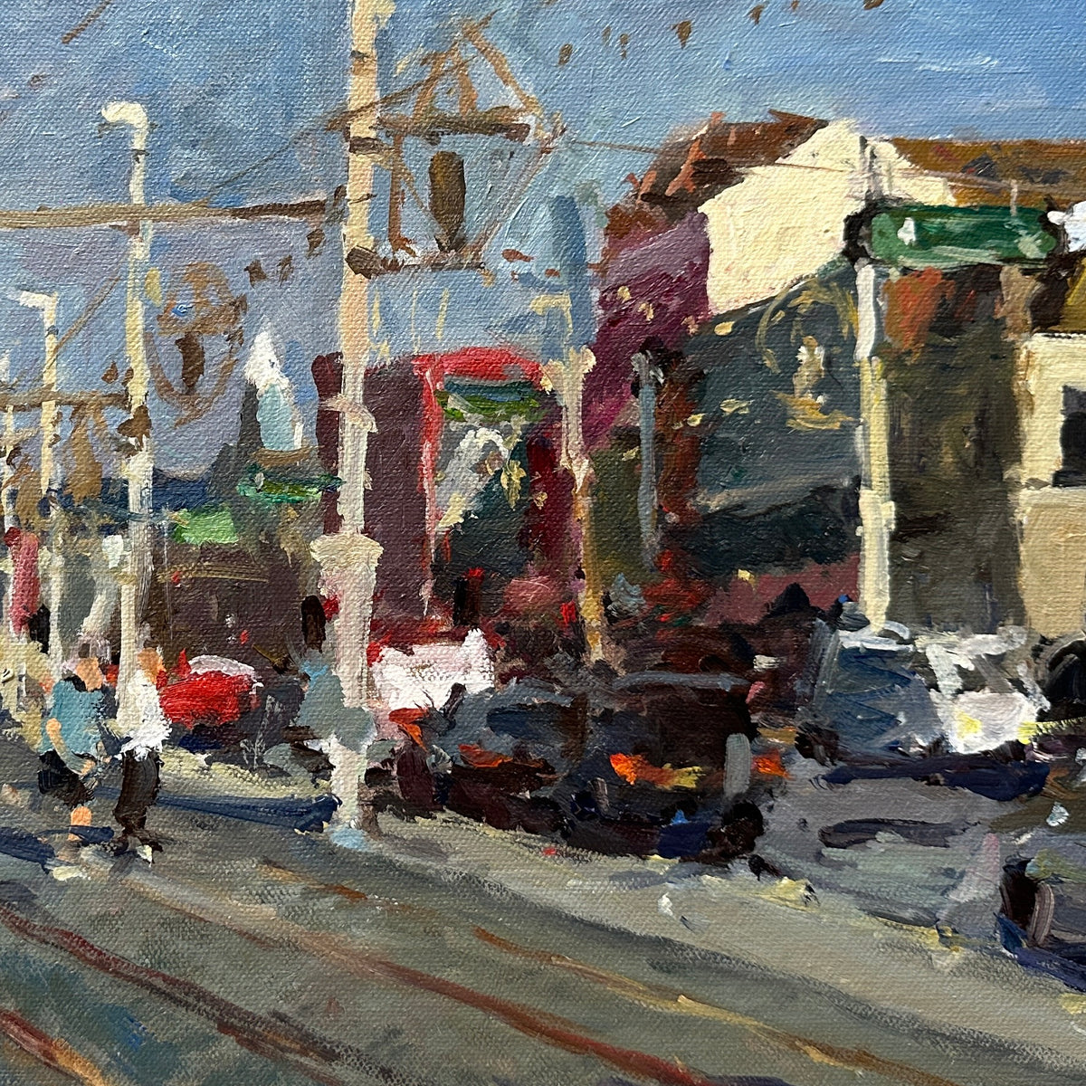 oil painting of Blackpool promenade with pedestrians and cars, with the iconic Blackpool Tower in the distance and Central Pier on the left. An original pleinair oil painting by Northern artist Adam Ralston ROI
