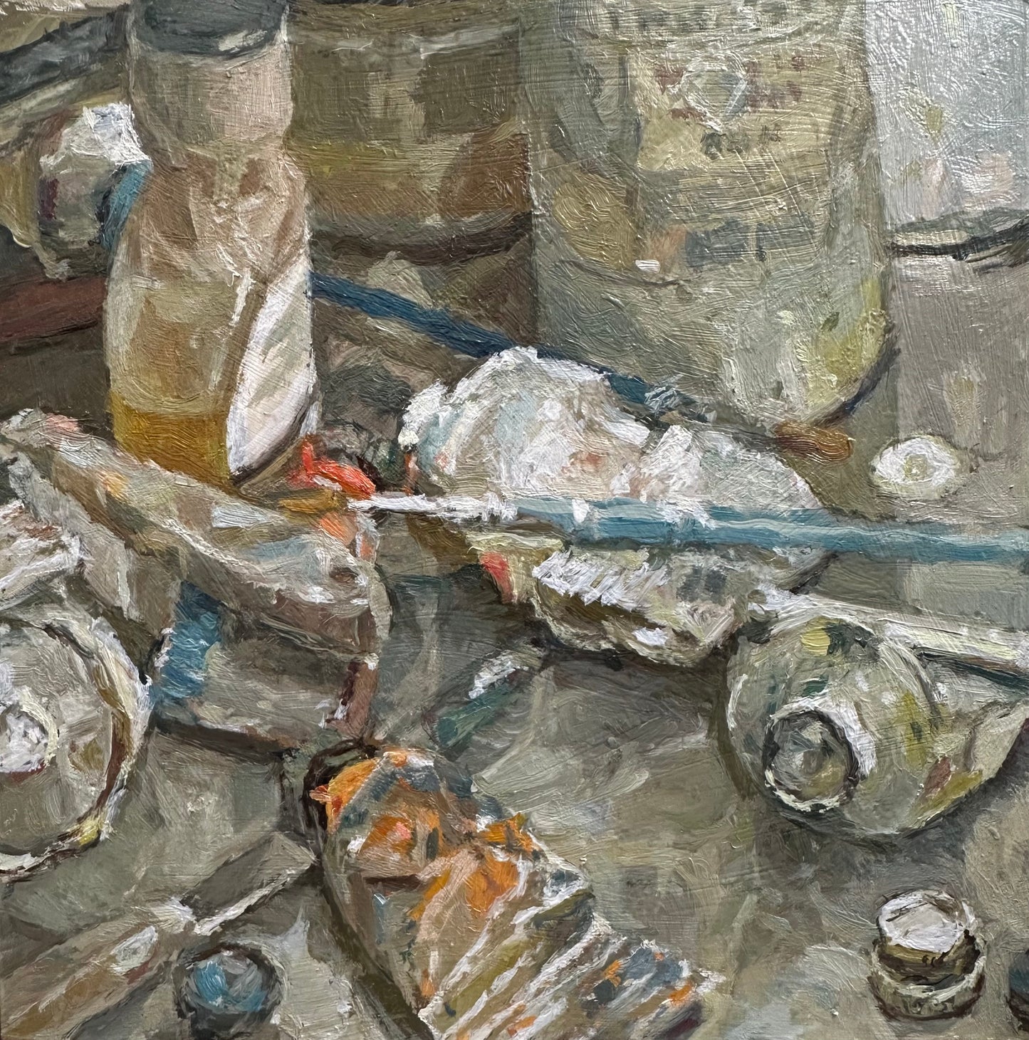 Still life painting by Adam Ralston of old brushes , linseed oil and dirty paint tubes