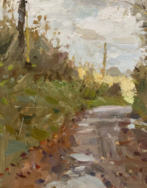Iandscape oil painting on Mowbreck Lane road winding through green and brown foliage under a pale sky. Panted by Adam Ralston ROI, a member of the Royal Institute of Oil Painters