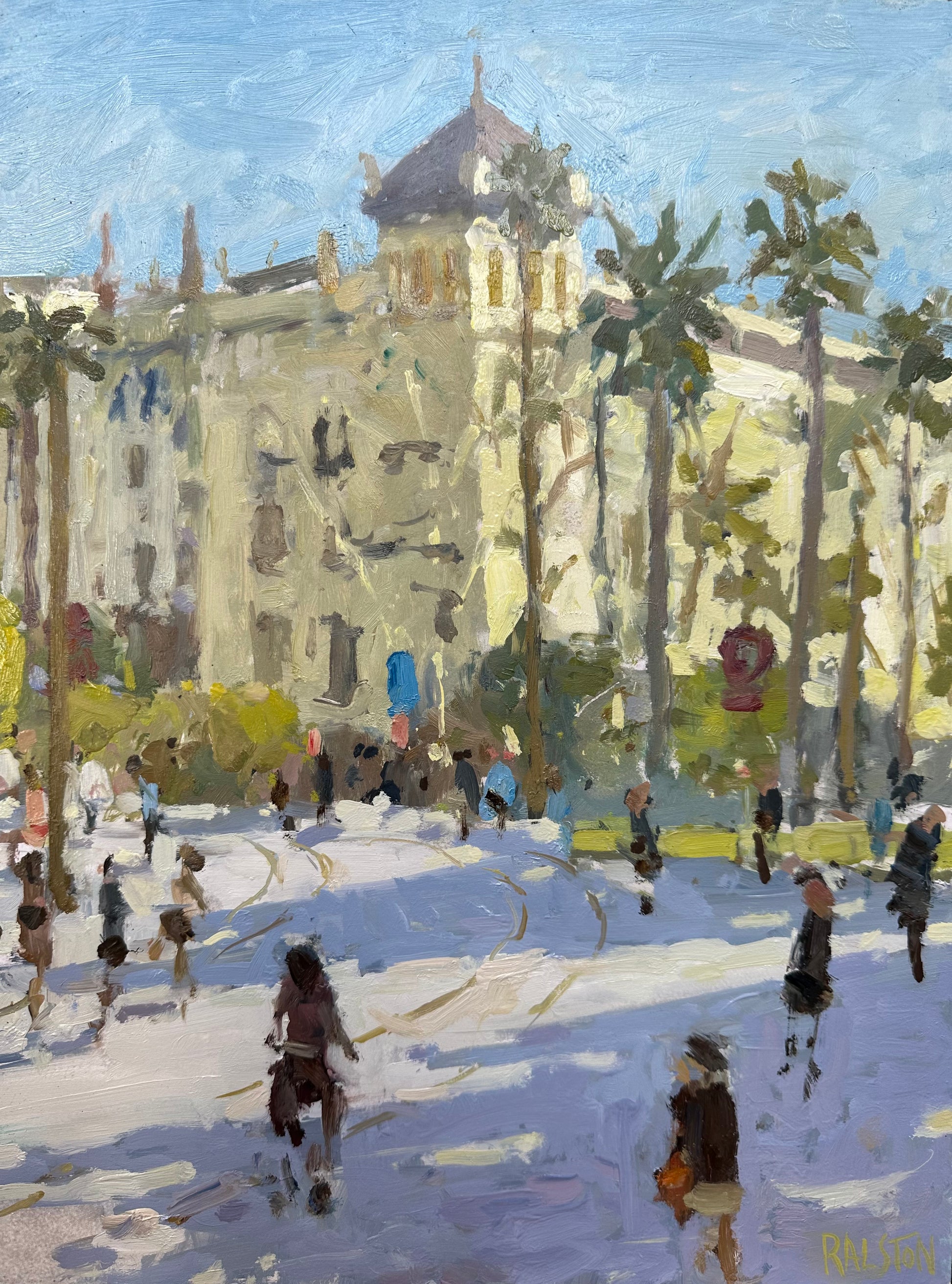 Alfonso hotel original painting with palm trees and purple shadows across the main street