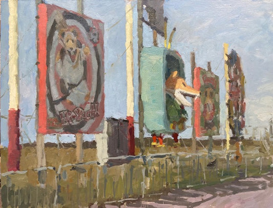 An impressionistic painting of tall outdoor illuminations of Basil Brush in Bispham Blackpool by oil painter Adam Ralston