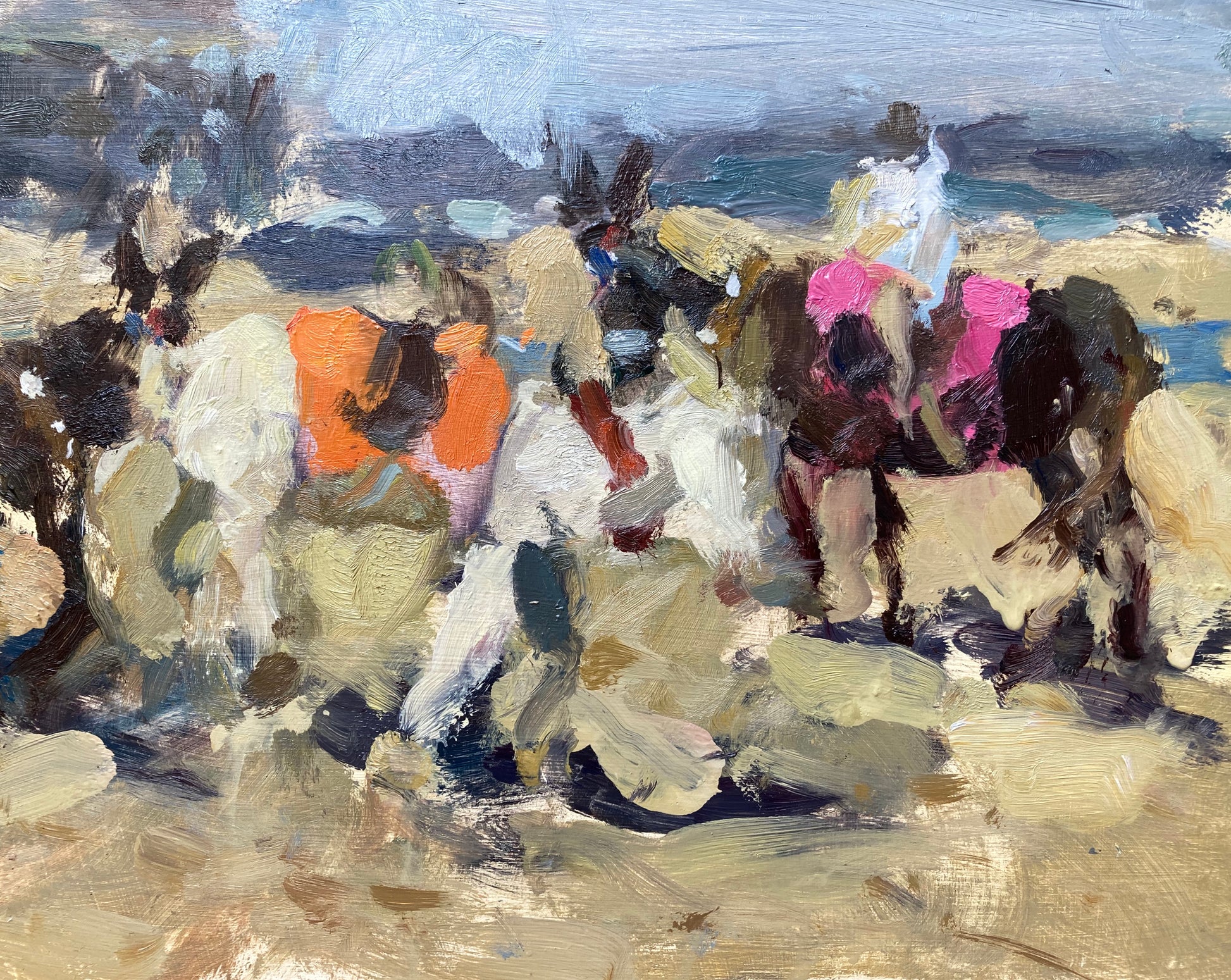 A loose painting of two donkeys on Blackpool Beach impressionism style