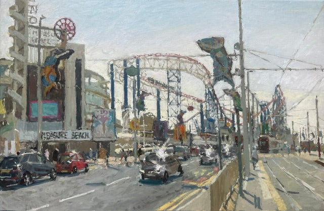 An impressionistic oil painting of a busy street scene at Pleasure Beach, featuring a roller coaster, vintage cars, storefronts, and a light blue sky.