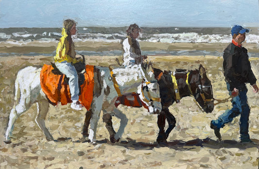 Original oil painting of girls riding donkeys on the beach at the seaside