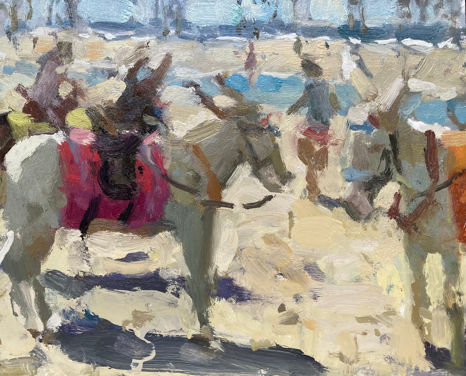 Donkeys on the beach with strong sunlight contrejour oil painting