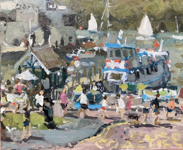Impressionistic oil painting of a harbor or marina scene with boats, small vessels, people walking and gathering along a quay, and buildings in the background. The artwork uses visible brushstrokes in muted greens, grays, blues, whites, and warm beige tones.