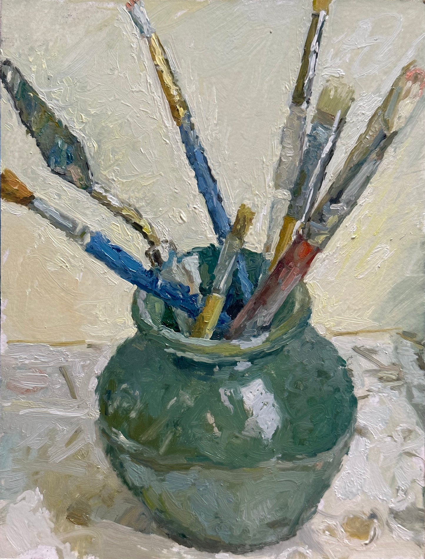 An oil study of old gnarled bushes in a green pot with a palette knife