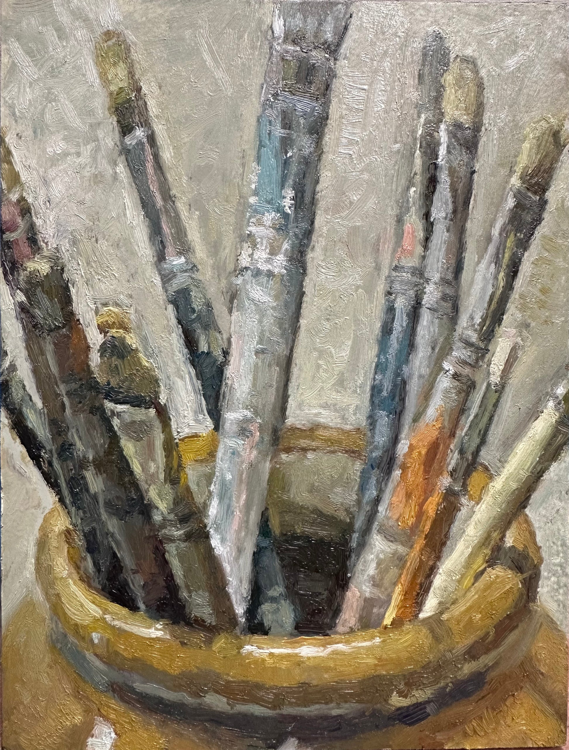 Small still life study oil on canvas of old brushes in a jar