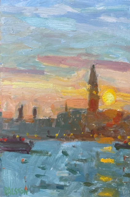 Original oil painting of the setting sun from the Arsenale in Venice, looking towards the Campanile in St.Mark’s Square