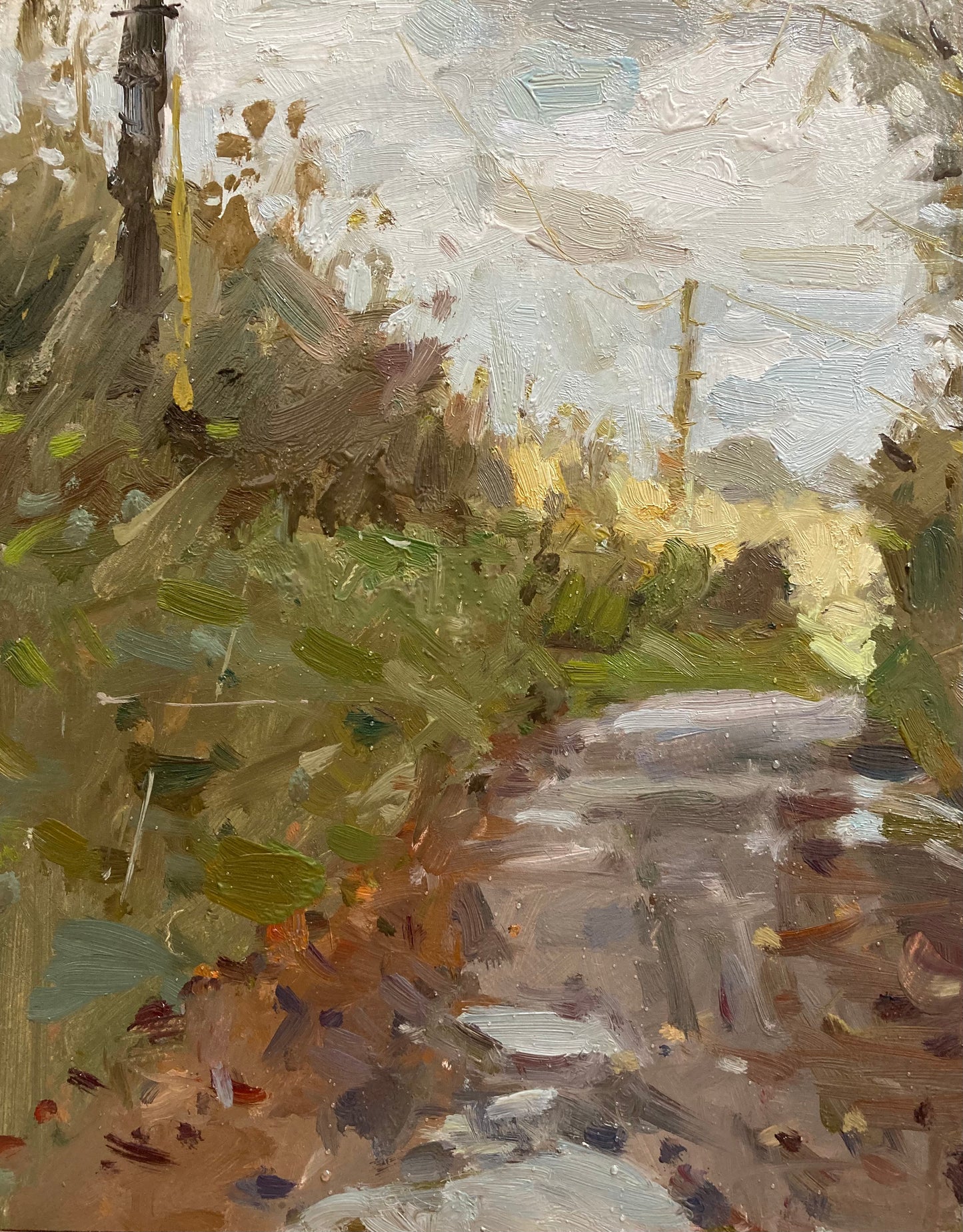 Painting of a country Lane near Kirkham and Wesham, Mowbreck with puddles and sunlight