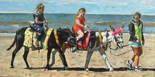 An impressionistic painting of three children riding donkeys on a sandy beach, with the ocean and sky in the background.
