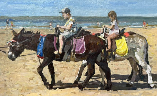 An oil painting of two children riding donkeys along a sandy beach, with the ocean and other beachgoers in the background.