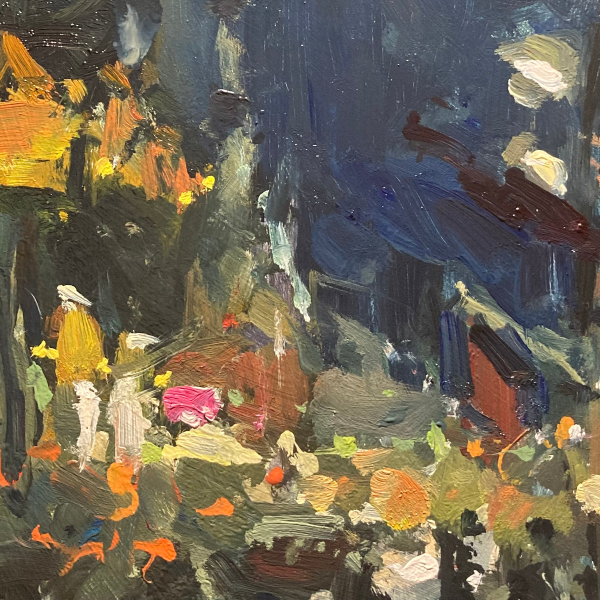 An impressionistic oil painting depicting a nocturnal view in Edinburgh, moody outdoor scene at night with figures, glowing orange and yellow lights of the clock tower, and deep blue shadows.