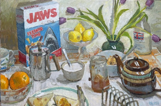 A still life oil painting depicting a breakfast table scene with a Jaws cereal box, lemons, oranges, a teapot, a bowl of tea, and a vase of tulips.