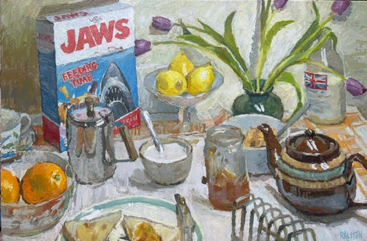 A still life oil painting depicting a breakfast table scene with a Jaws cereal box, lemons, oranges, a teapot, a bowl of tea, and a vase of tulips.